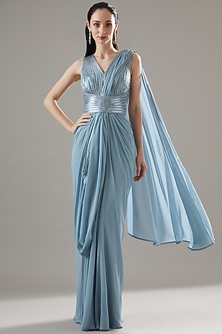 Powder Blue Jersey & Organza Hand Embroidered Gown Saree by Amit Aggarwal