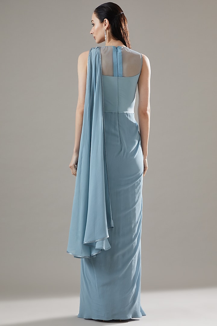 Powder Blue Jersey & Organza Hand Embroidered Wedding Gown Saree by Amit Aggarwal at Pernia's Pop Up Shop