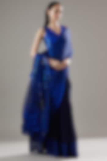 Blue Metallic & Chiffon Draped Saree Set by Amit Aggarwal