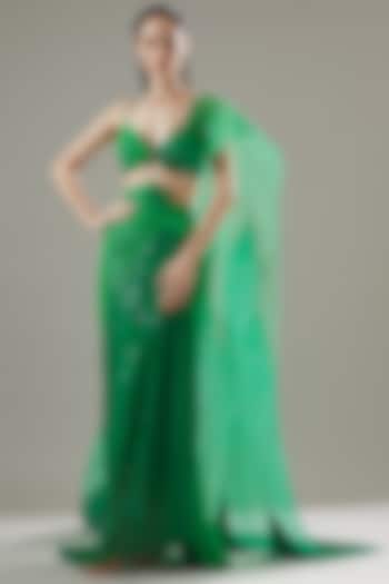 Neon Green Tulle & Striped Pre-Draped Bridal Saree Set by Amit Aggarwal at Pernia's Pop Up Shop