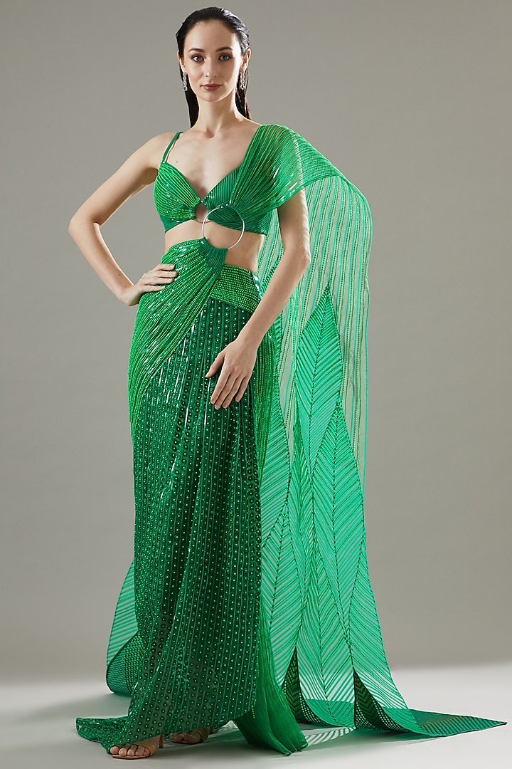 Neon Green Tulle & Striped Pre-Draped Bridal Saree Set by Amit Aggarwal at Pernia's Pop Up Shop
