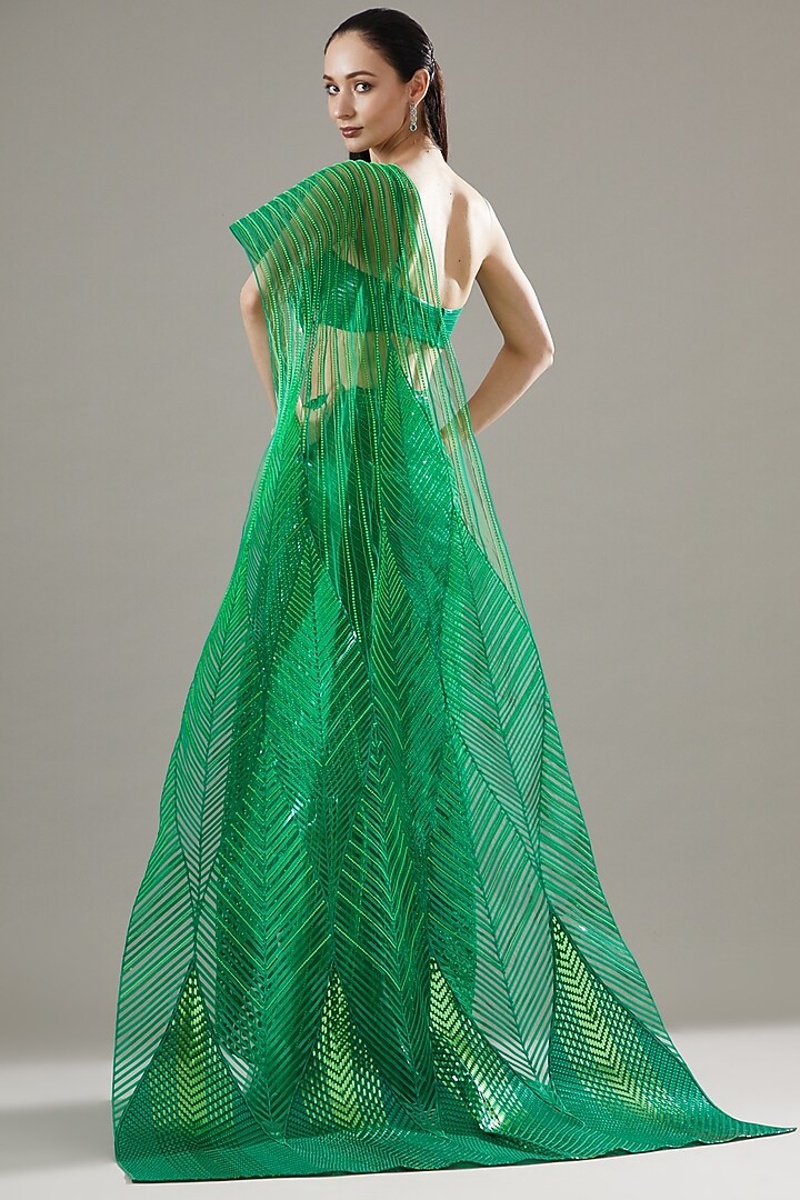 Neon Green Tulle & Striped Pre-Draped Bridal Saree Set by Amit Aggarwal at Pernia's Pop Up Shop