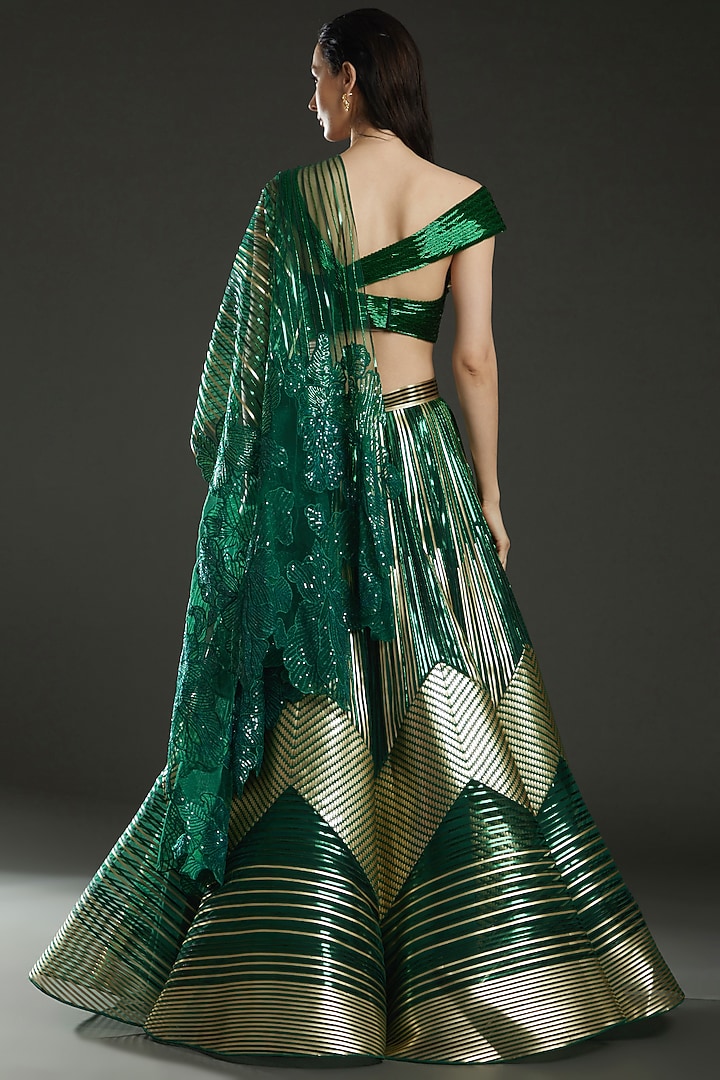 Emerald Green & Gold Metallic Polymer Bridal Lehenga Set by Amit Aggarwal at Pernia's Pop Up Shop