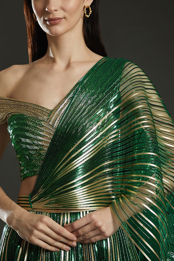 Emerald Green & Gold Metallic Polymer Bridal Lehenga Set by Amit Aggarwal at Pernia's Pop Up Shop