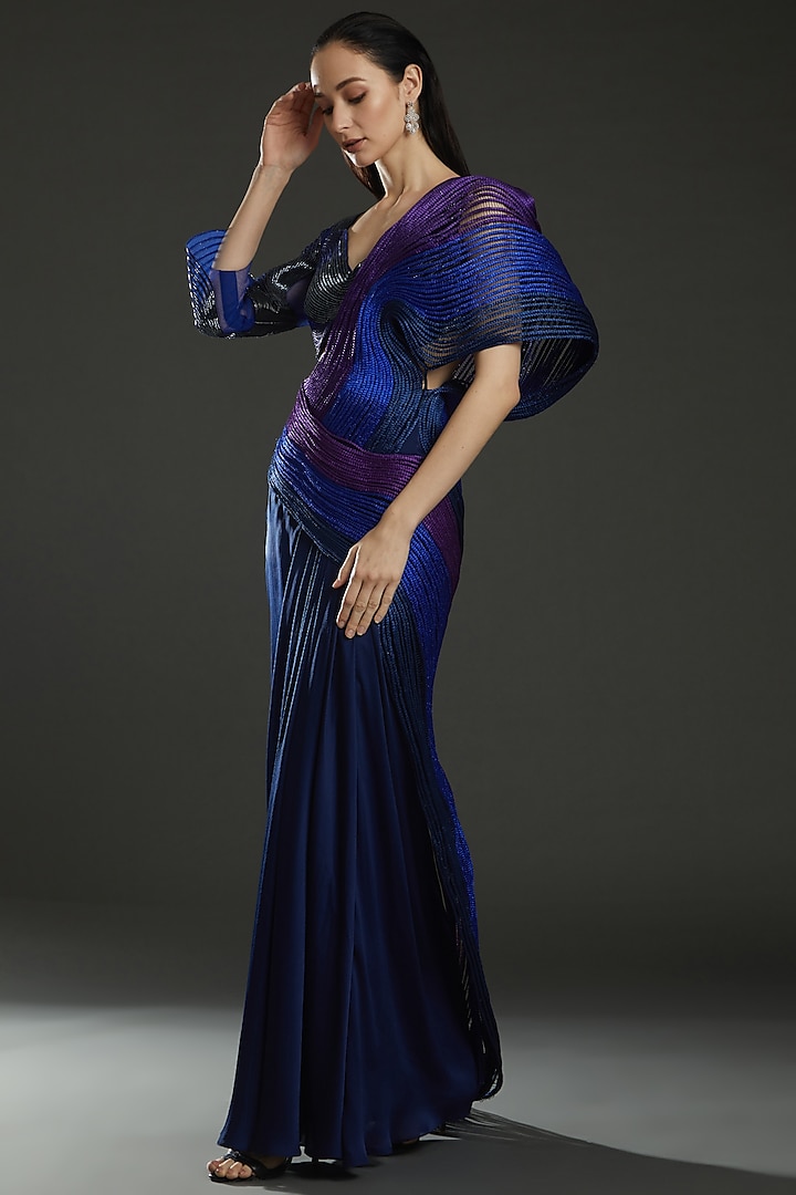 Ink Blue-Purple-Pewter Nylon Saree Set by Amit Aggarwal