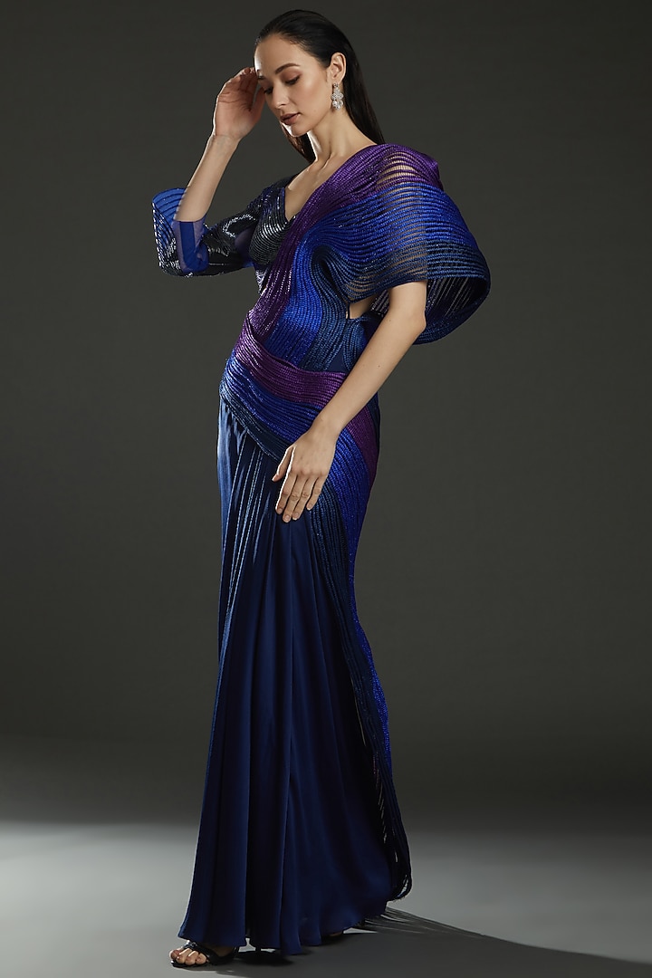Ink Blue-Purple-Pewter Nylon Bridal Saree Set by Amit Aggarwal at Pernia's Pop Up Shop