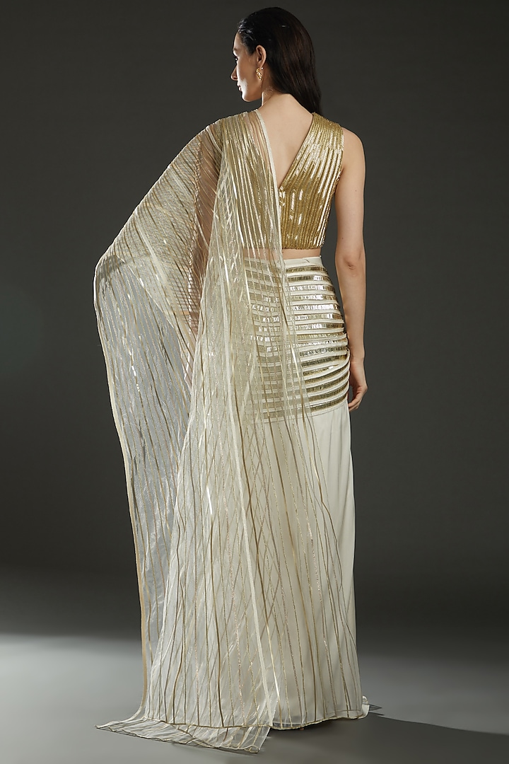 Ivory & Gold Metallic Polymer Pre-Stitched Reception Saree Set by Amit Aggarwal at Pernia's Pop Up Shop