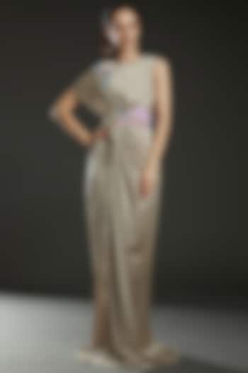 Beige Hammared Satin Draped Gown by Amit Aggarwal
