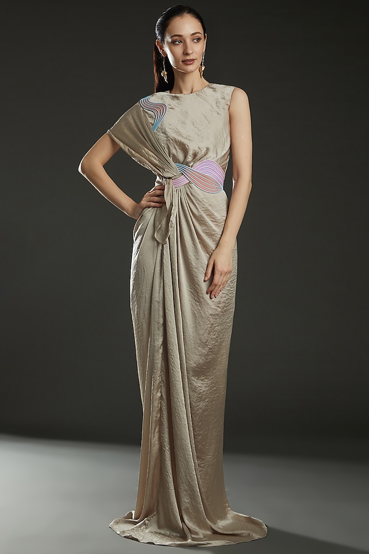 Beige Hammared Satin Draped Gown by Amit Aggarwal