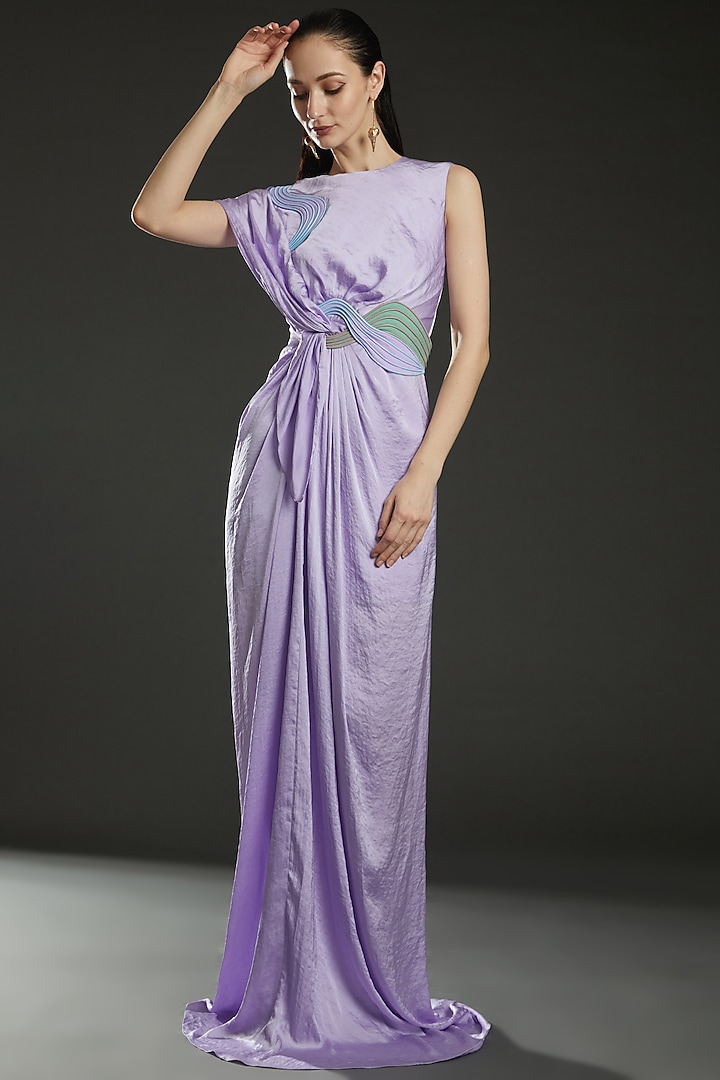 Lilac Hammared Satin Draped Engagement Gown by Amit Aggarwal at Pernia's Pop Up Shop