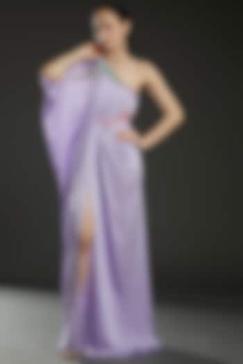 Lilac Hammared Satin Asymmetrical Draped Gown by Amit Aggarwal