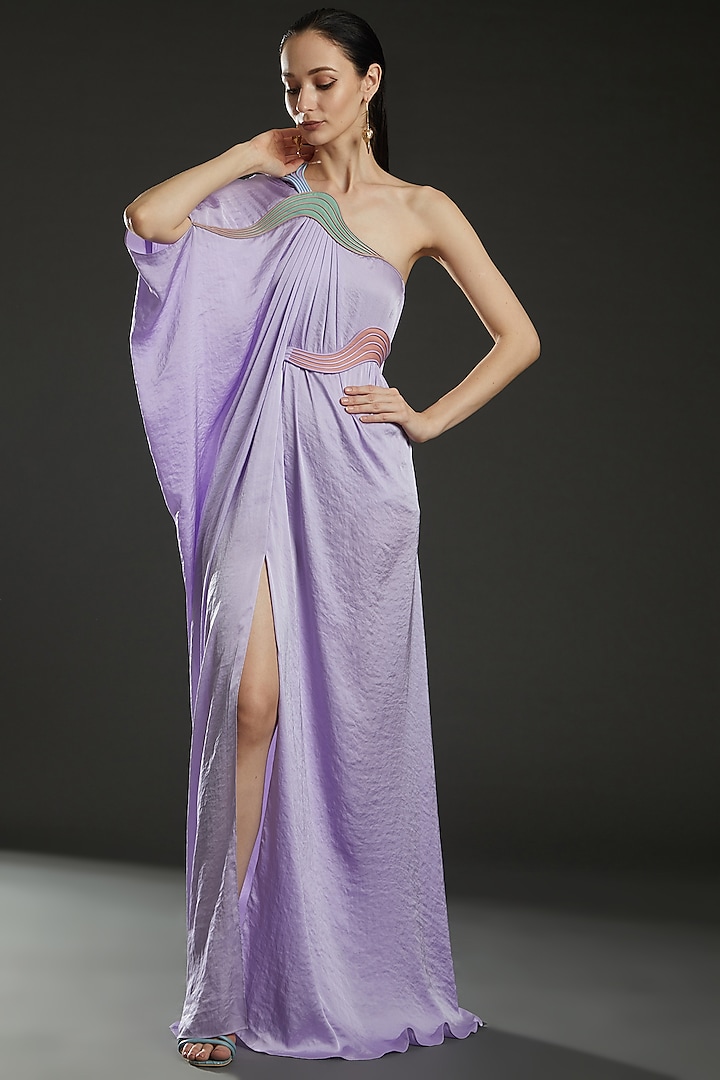 Lilac Hammared Satin Asymmetrical Draped Gown by Amit Aggarwal