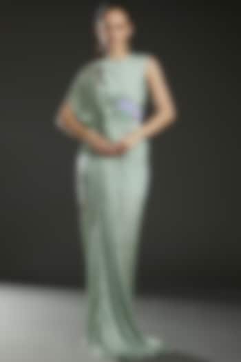 Mint Hammared Satin Asymmetrical Draped Gown by Amit Aggarwal