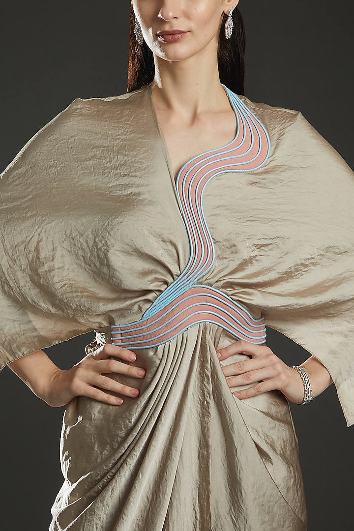 Beige Hammared Satin Draped Kaftan Cocktail Dress by Amit Aggarwal at Pernia's Pop Up Shop