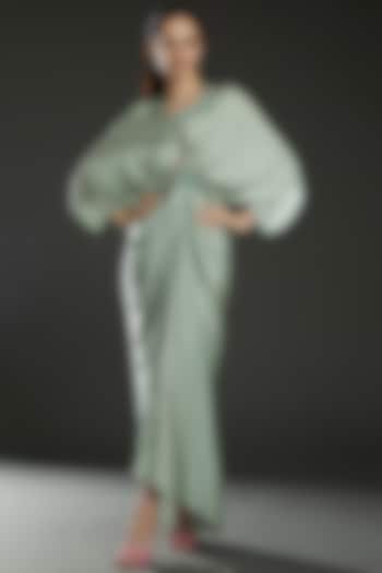 Mint Hammared Satin Draped Kaftan Dress by Amit Aggarwal