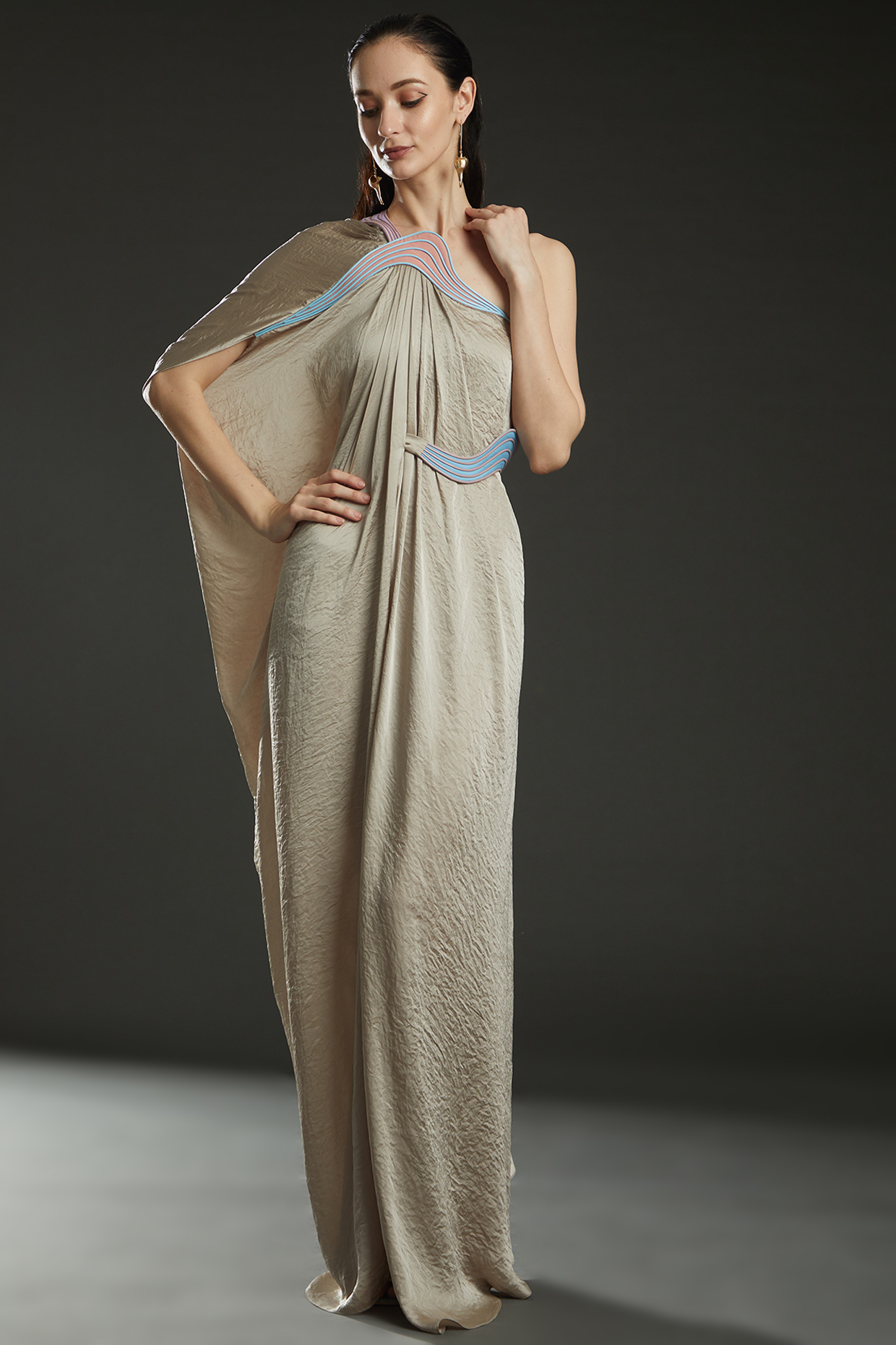 Beige Hammered Satin Asymmetric Draped Engagement Gown by Amit Aggarwal at Pernia's Pop Up Shop