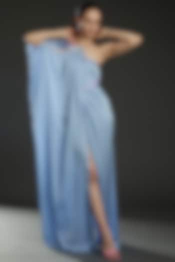 Ice Blue Hammered Satin Asymmetric Draped Gown by Amit Aggarwal
