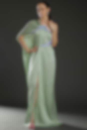 Mint Hammered Satin Asymmetric Draped Gown by Amit Aggarwal