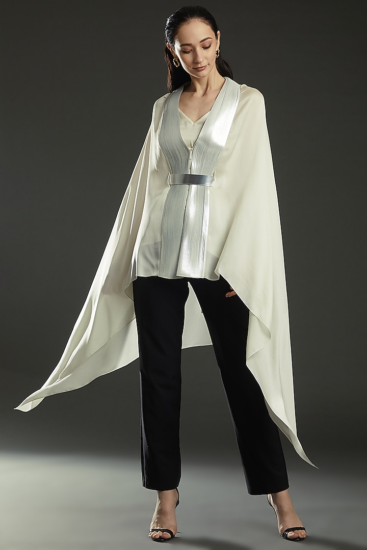 Ivory Chiffon Draped Cape by Amit Aggarwal