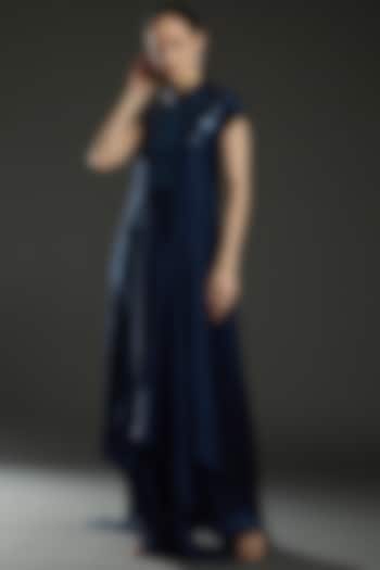 Ink Blue Metallic Chiffon Draped Cocktail Dress by Amit Aggarwal at Pernia's Pop Up Shop