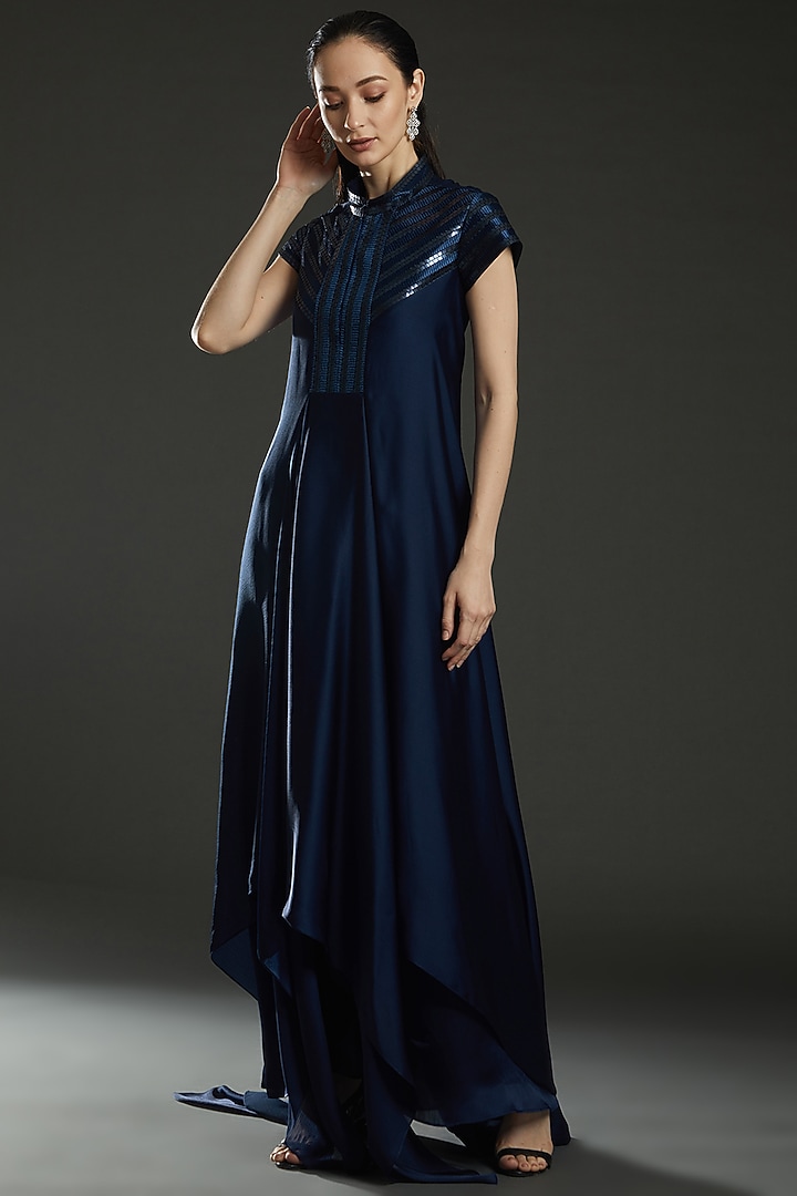 Ink Blue Metallic Chiffon Draped Cocktail Dress by Amit Aggarwal at Pernia's Pop Up Shop