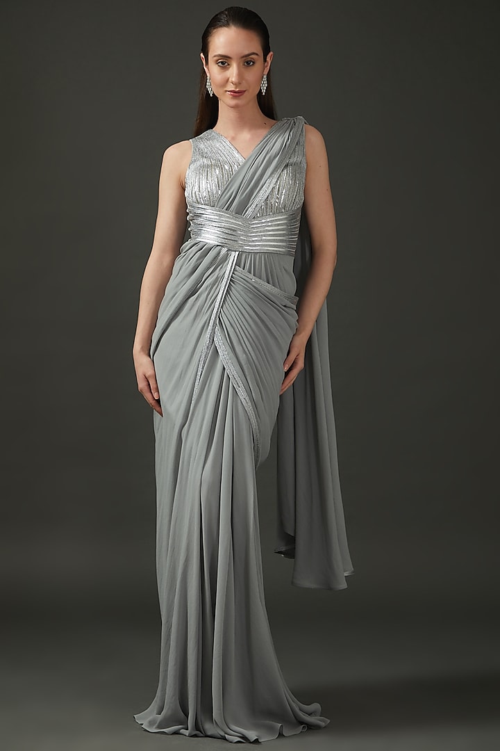Silver Chiffon Ombre Saree Gown by Amit Aggarwal