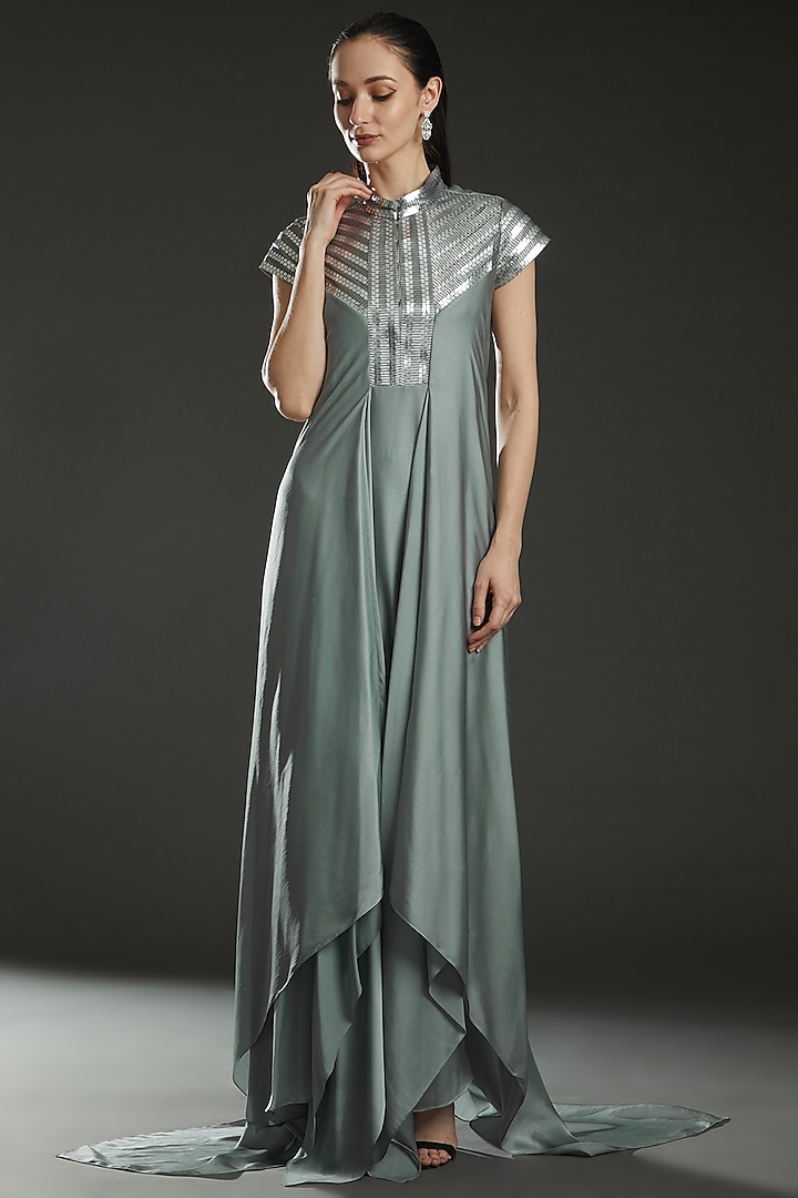 Grey Metallic Chiffon Draped Dress by Amit Aggarwal