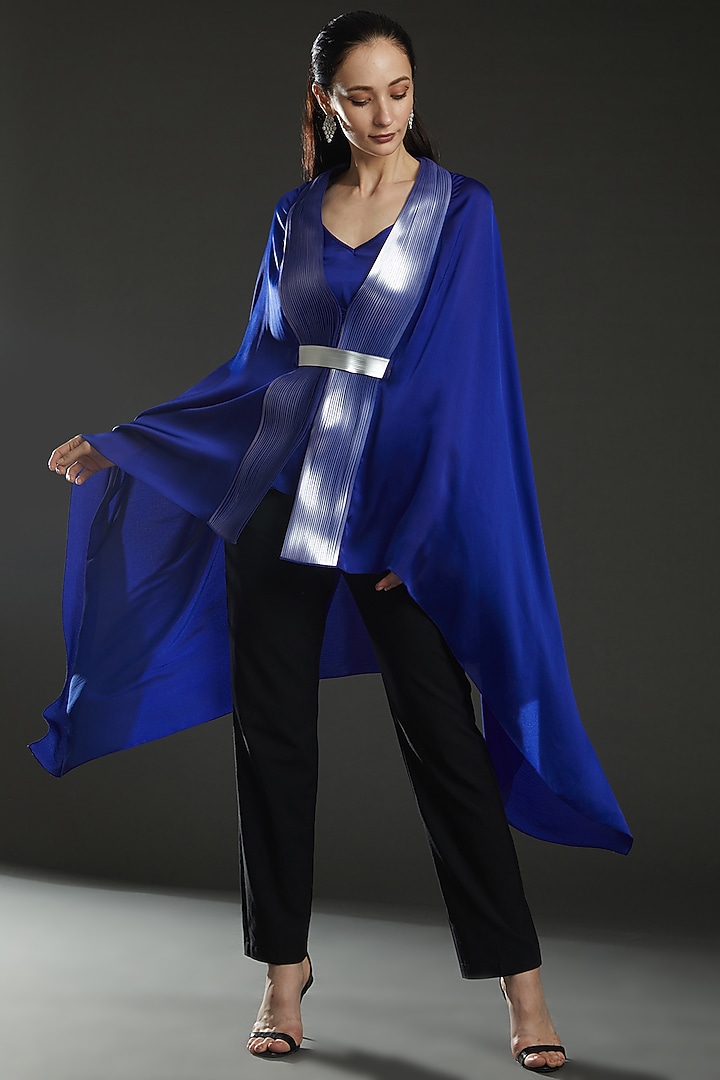 Royal Blue Chiffon Draped Cape by Amit Aggarwal at Pernia's Pop Up Shop