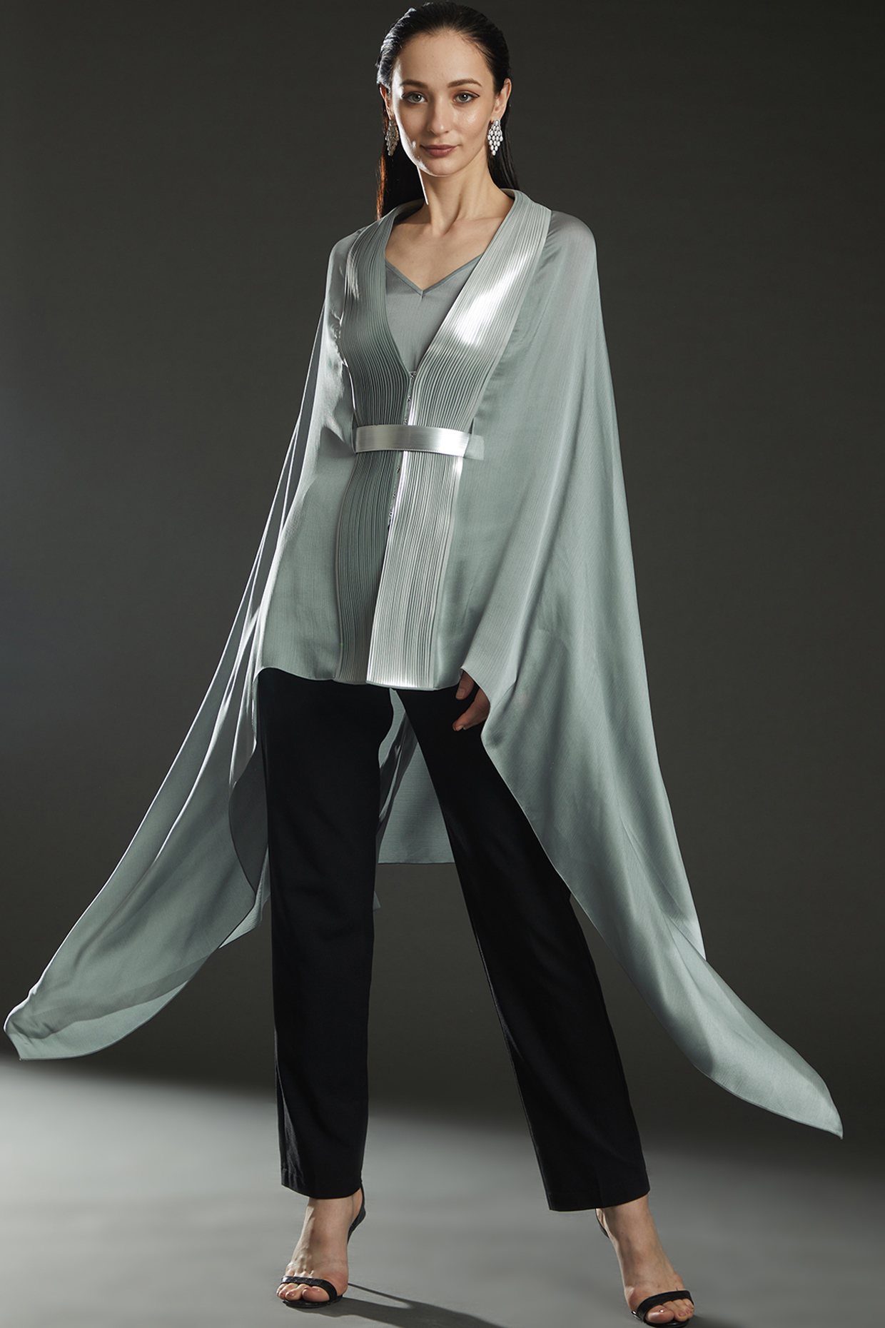 Silver Chiffon Draped Cape by Amit Aggarwal at Pernia's Pop Up Shop