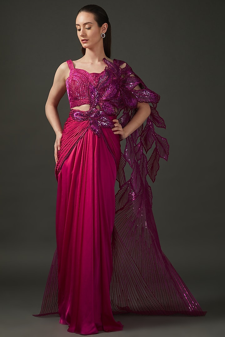 Red Tulle & Striped Pre-Stitched Saree Set by Amit Aggarwal