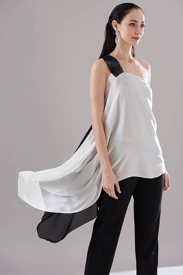 White Hammered Satin Asymmetrical Top by Amit Aggarwal at Pernia's Pop Up Shop