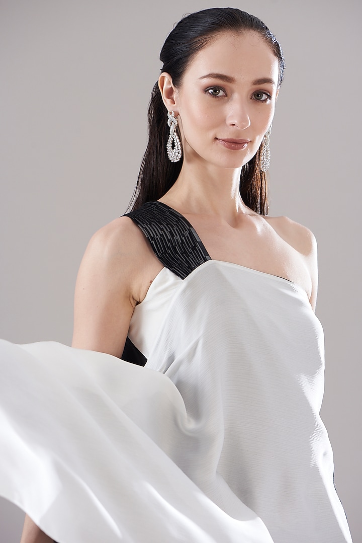 White Hammered Satin Asymmetrical Top by Amit Aggarwal at Pernia's Pop Up Shop