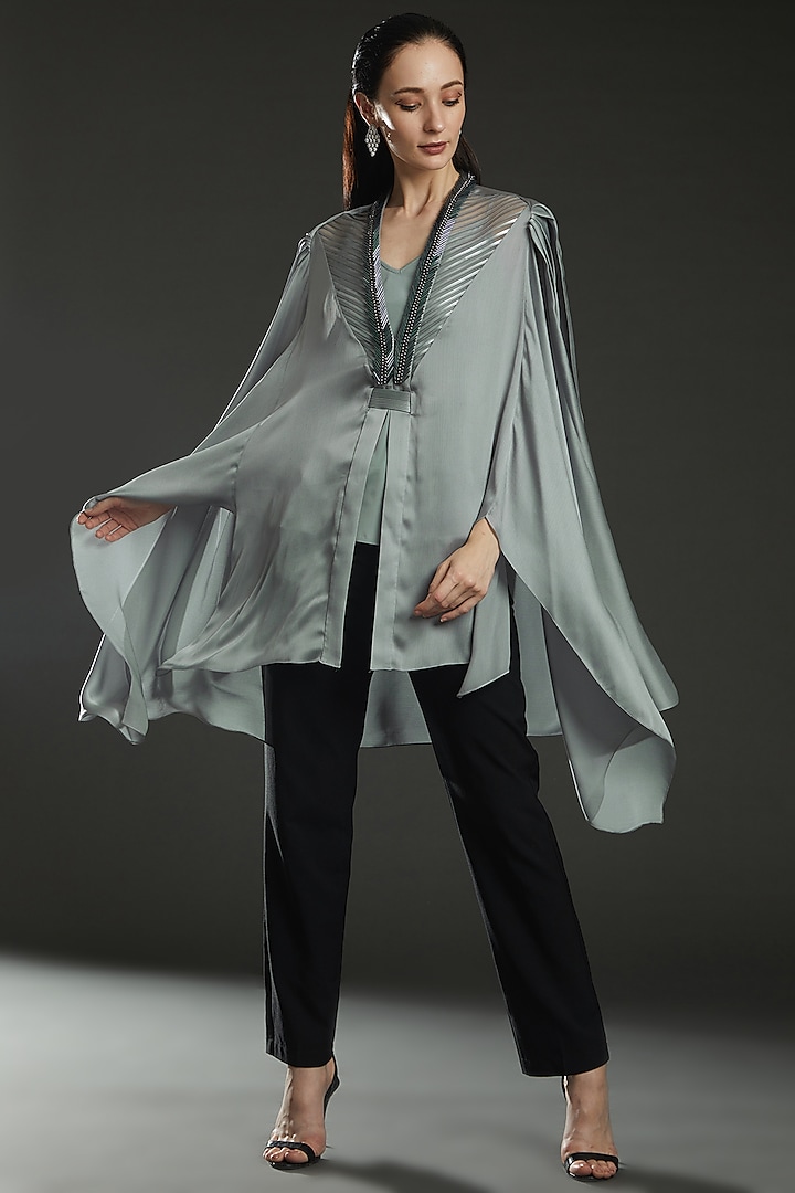 Ice Grey Chiffon Embroidered Paneled Cape by Amit Aggarwal
