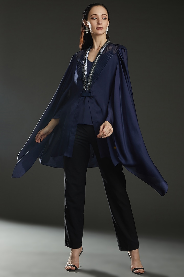 Ink Blue Chiffon Embroidered Paneled Cape by Amit Aggarwal at Pernia's Pop Up Shop
