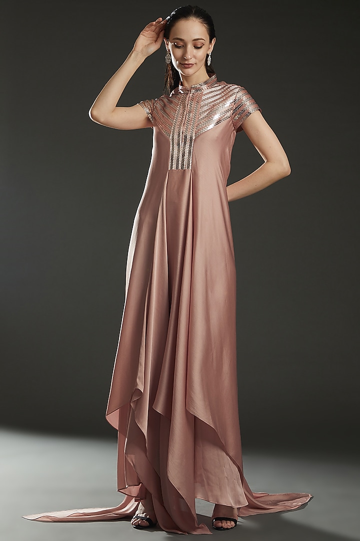 Blush Pink Metallic Chiffon Draped Dress by Amit Aggarwal