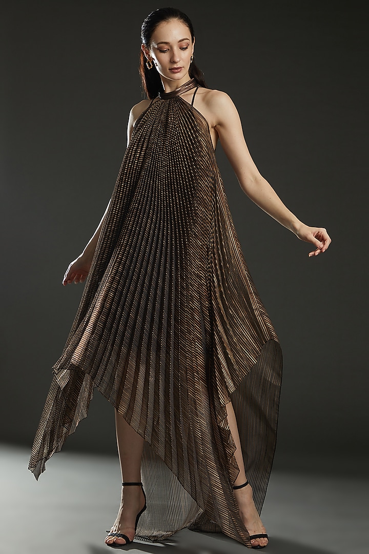 Black Striped Metallic Fabric Halter Dress by Amit Aggarwal
