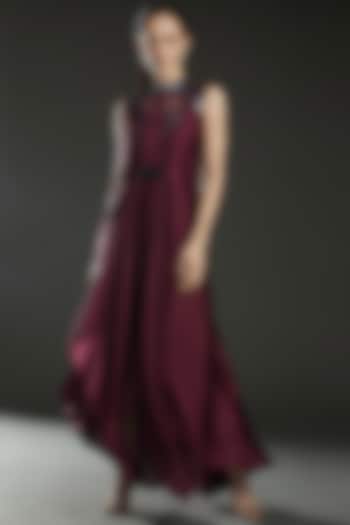 Plum Chiffon Embroidered Paneled Dress by Amit Aggarwal