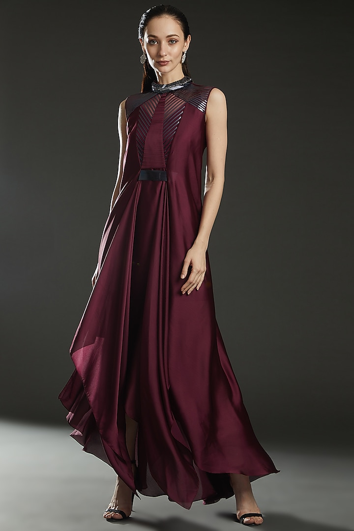 Plum Chiffon Embroidered Paneled Dress by Amit Aggarwal