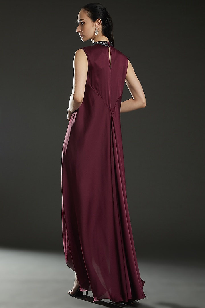 Plum Chiffon Embroidered Paneled Cocktail Dress by Amit Aggarwal at Pernia's Pop Up Shop