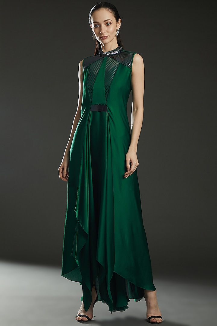 Emerald Green Chiffon Embroidered Paneled Dress by Amit Aggarwal