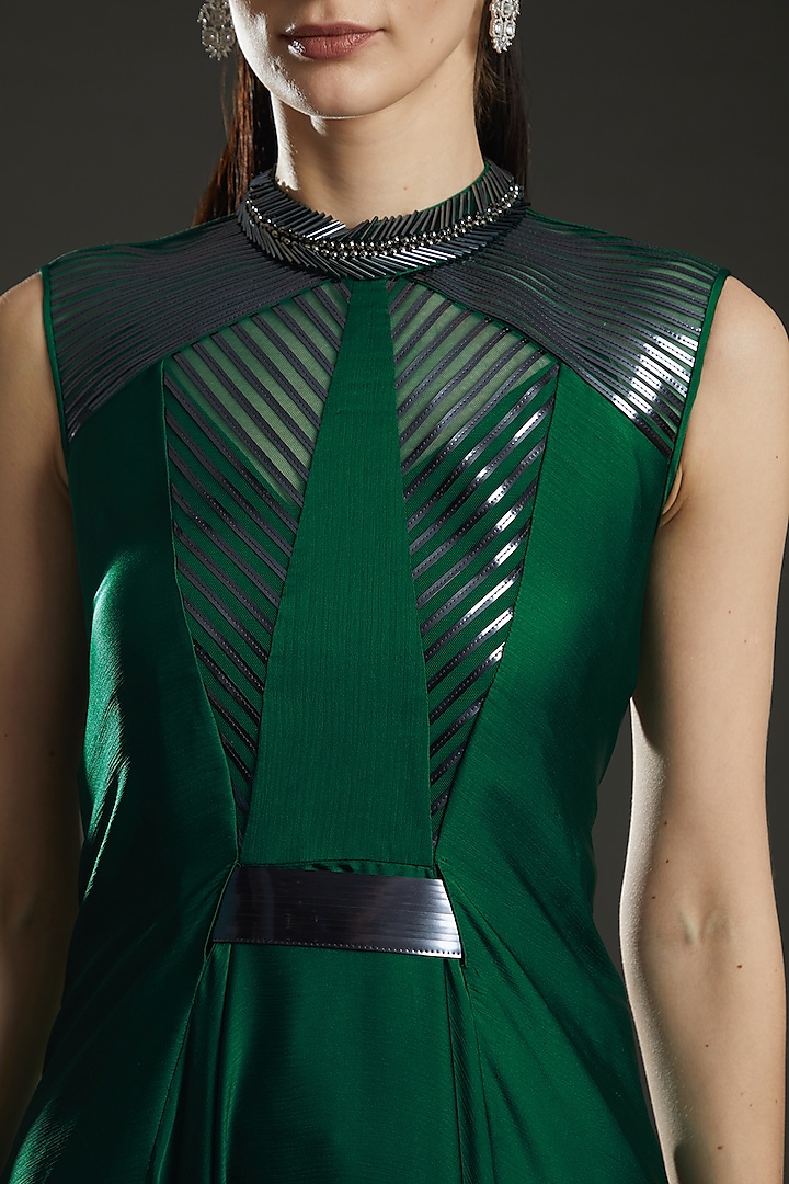 Emerald Green Chiffon Embroidered Paneled Cocktail Dress by Amit Aggarwal at Pernia's Pop Up Shop