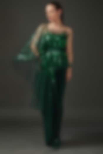 Green Jersey & Tulle Hand Embroidered Pre-Stitched Reception Saree by Amit Aggarwal at Pernia's Pop Up Shop