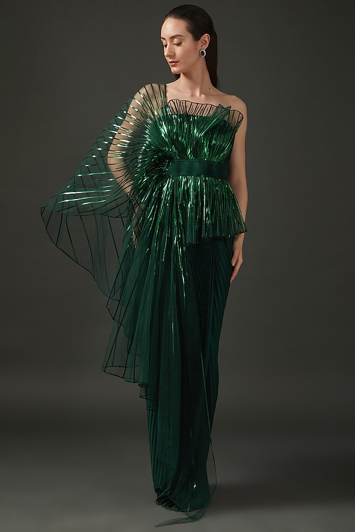 Green Jersey & Tulle Hand Embroidered Pre-Stitched Reception Saree by Amit Aggarwal at Pernia's Pop Up Shop