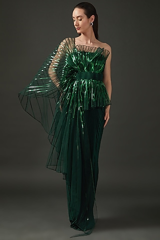 Green Jersey & Tulle Hand Embroidered Pre-Stitched Saree by Amit Aggarwal