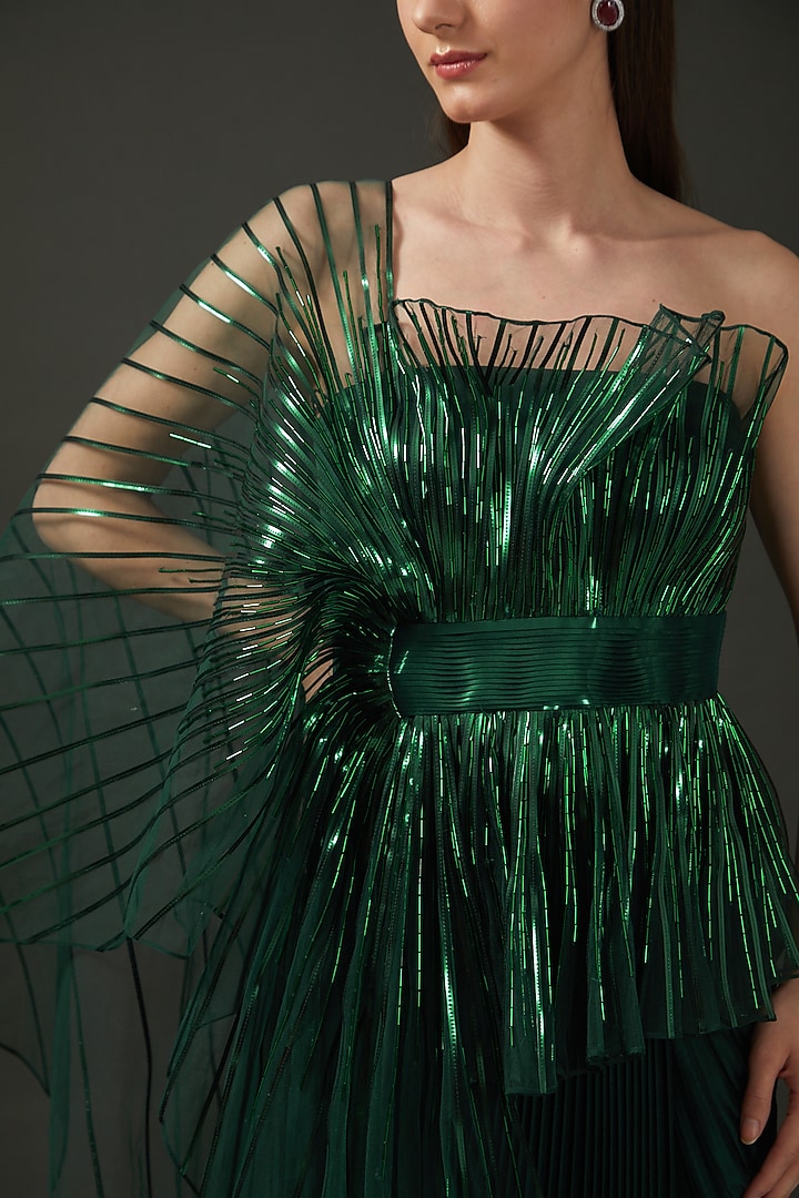 Green Jersey & Tulle Hand Embroidered Pre-Stitched Reception Saree by Amit Aggarwal at Pernia's Pop Up Shop