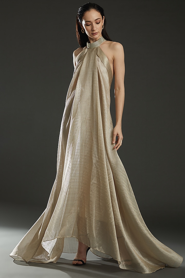 Champagne Striped Fabric Halter Dress by Amit Aggarwal