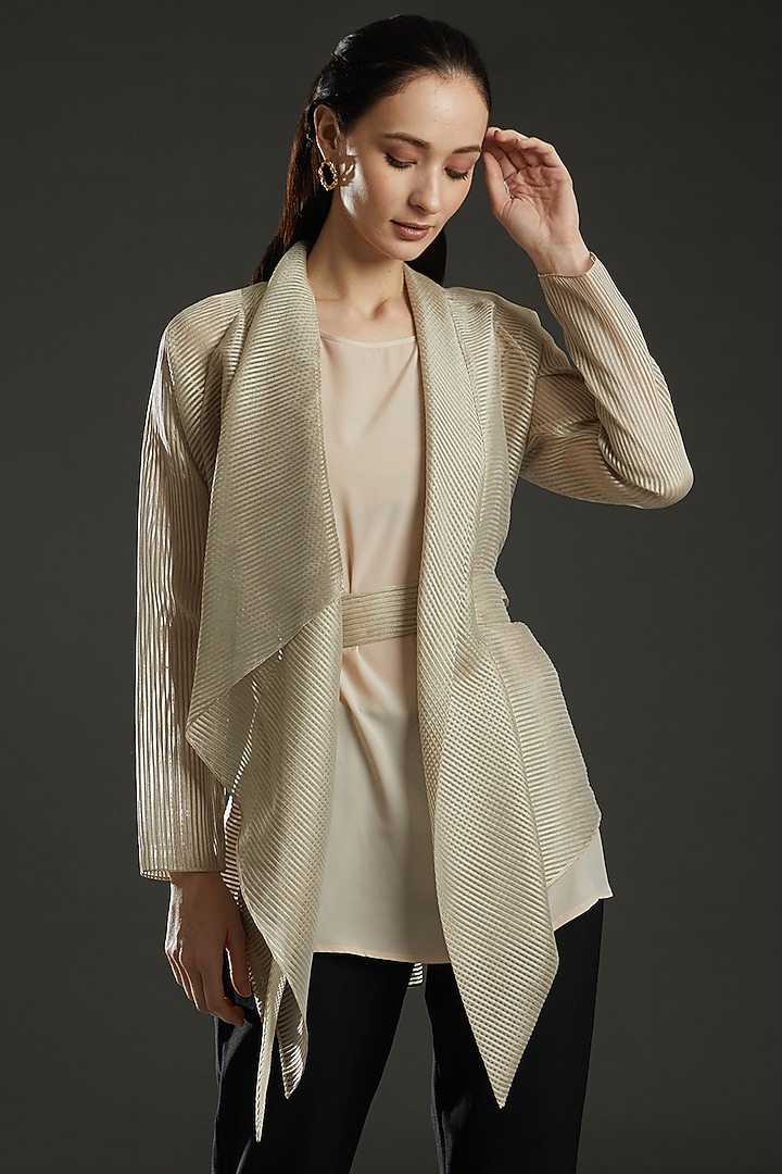 Champagne Striped Fabric Cape by Amit Aggarwal at Pernia's Pop Up