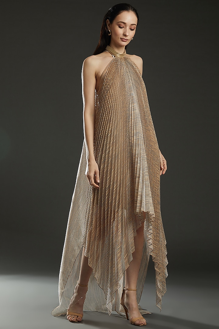 Beige Striped Metallic Fabric Halter Dress by Amit Aggarwal