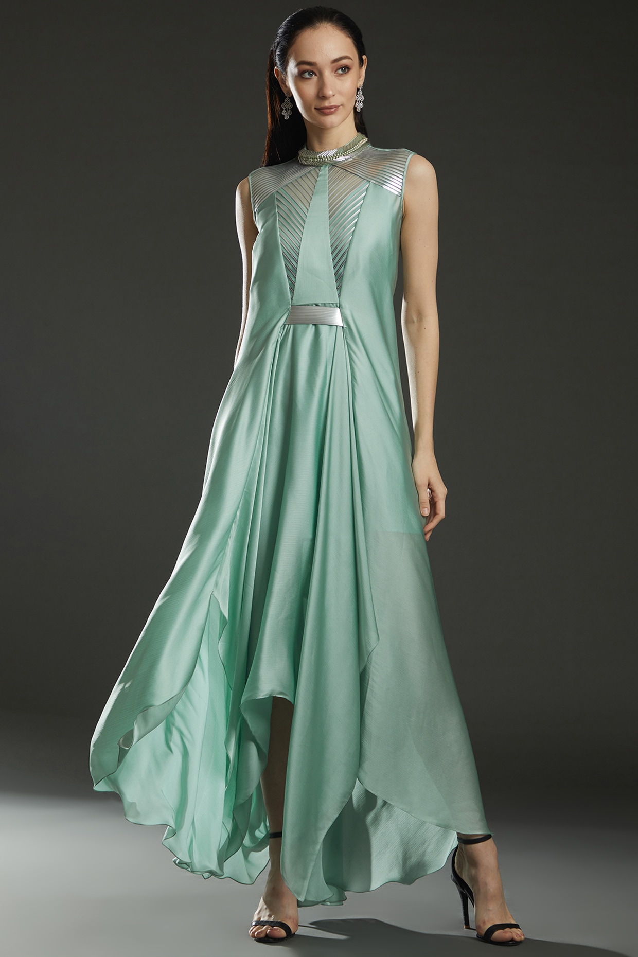 Mint Chiffon Embroidered Paneled Dress by Amit Aggarwal at Pernia s Pop Up Shop 2024