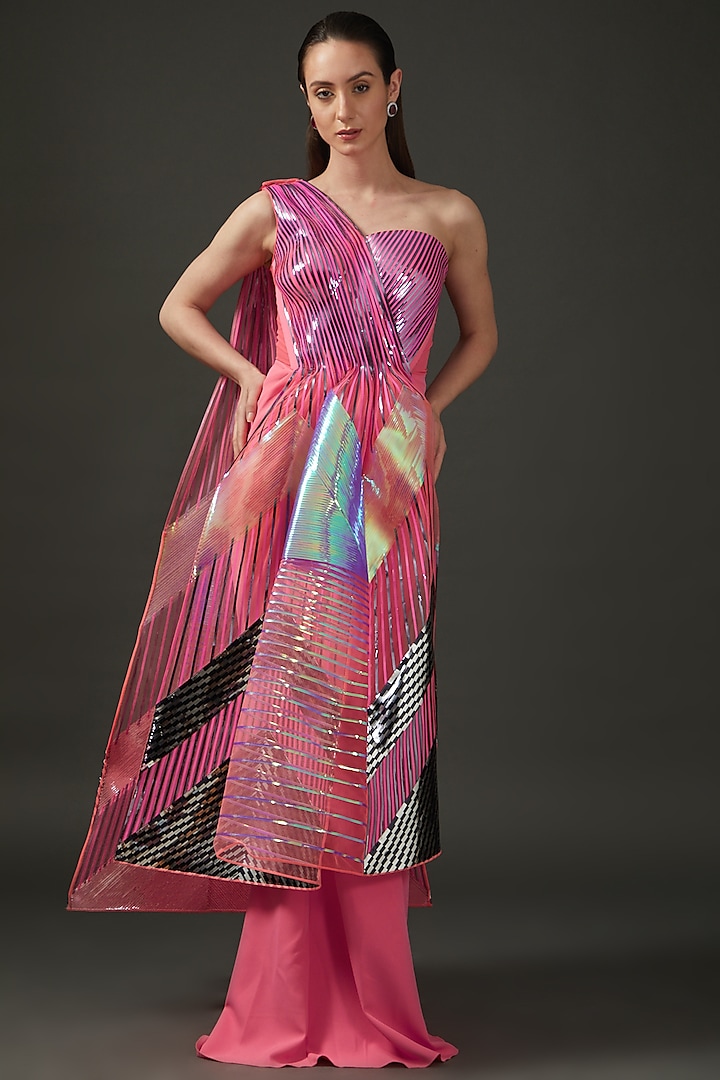 Pink Chiffon Saree Gown by Amit Aggarwal